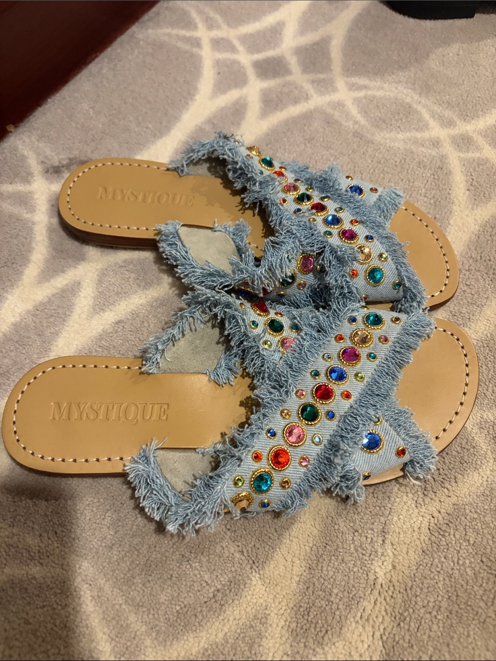 Mystique Boutique Denim Fringe Slide Sandals with Multicolor Gems